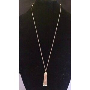 J Crew Gold-Tone Tassel Necklace With Rhinestones & Faux Pearls 17 Inches Adjust